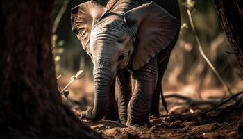 tranquilo puesta de sol en africano desierto, grande elefante caminando en primer plano generado por ai foto