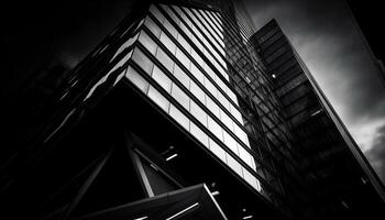 Futuristic skyscraper facade, abstract geometric shapes, black and white monochrome generated by AI photo
