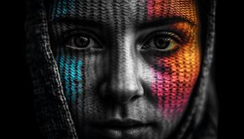 Dark beauty young adult women portrait with serious face paint generated by AI photo