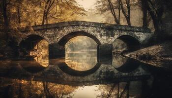 Ancient forest reflects tranquil sunset on old ruin stone material generated by AI photo