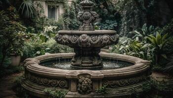 tranquilo escena de antiguo pasado de moda formal jardín con fluido estanque decoración generado por ai foto