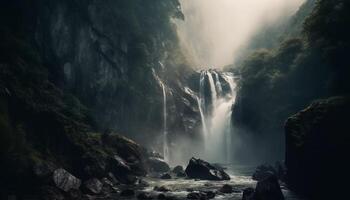 Tranquil scene of majestic mountain range with flowing water and fog generated by AI photo