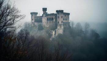 Majestic ruined architecture in a spooky forest, a fantasy landscape generated by AI photo