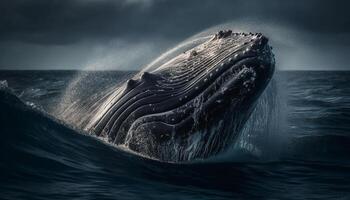 majestuoso jorobado ballena incumplimiento en el azul mar rociar generado por ai foto