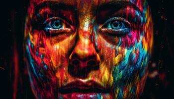 Vibrant young women in surreal portrait with bizarre face paint generated by AI photo