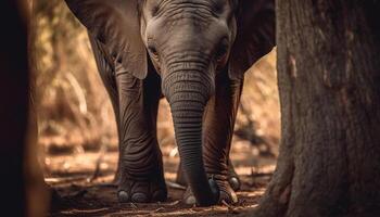 African elephant calf walking in tranquil savannah at sunset generated by AI photo