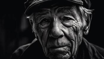 Sadness and grief etched on elderly man wrinkled face generated by AI photo