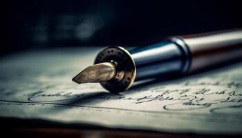 Antique quill pen on old document with selective focus signature generated by AI photo