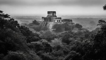 Ancient pagoda atop mountain, shrouded in fog and mystery generated by AI photo