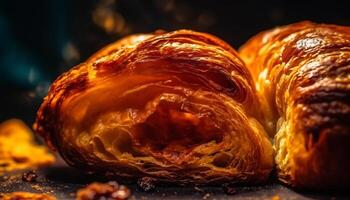 recién horneado rústico un pan en mesa con A la parrilla carne y vegetales generado por ai foto