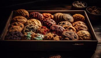 Indulgent homemade gourmet chocolate chip cookies in a rustic setting generated by AI photo