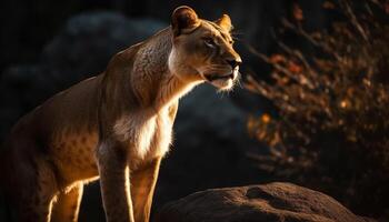 Majestic lioness, endangered beauty in nature, alertness in wilderness area generated by AI photo