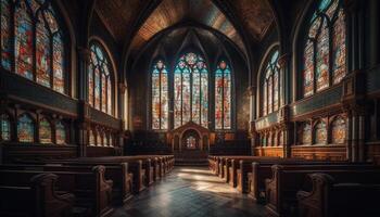 Medieval Gothic chapel with stained glass, pipe organ, and altar generated by AI photo