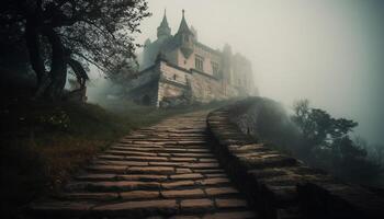 antiguo pagoda restos en brumoso montaña evocar espiritual misterio generado por ai foto