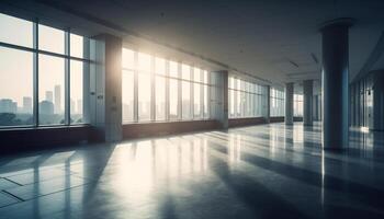 Modern empty office with bright reflection, no people, futuristic design generated by AI photo