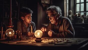 multi Generacion familia sentado a mesa, enseñando y aprendizaje juntos generado por ai foto