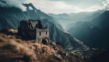 Majestic mountain range, old ruins, and spooky mystery in Jinshangling generated by AI photo