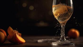 refrescante champán torrencial dentro Copa de vino en de madera mesa antecedentes generado por ai foto