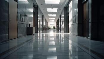 Modern office corridor with futuristic architecture and empty entrance hall generated by AI photo