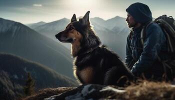 Caucasian adult sitting in tranquil forest with sheepdog, mountain range generated by AI photo