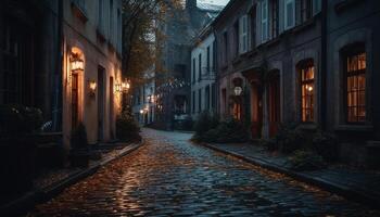 Ancient city street illuminated by electric lamps in gothic style generated by AI photo