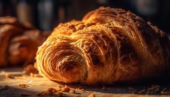 Freshly baked pastry items on a rustic wooden table indoors generated by AI photo