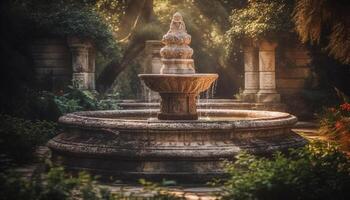 Tranquil Bali pond illuminated by ancient Hindu statue at dusk generated by AI photo