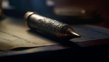 Antique quill pen on parchment, inkwell and old document generated by AI photo