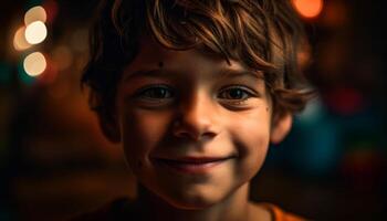 Cute boy smiling with joy, celebrating Christmas indoors with family generated by AI photo