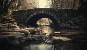 Ancient arch reflects beauty in nature, surrounded by tranquil landscape generated by AI photo