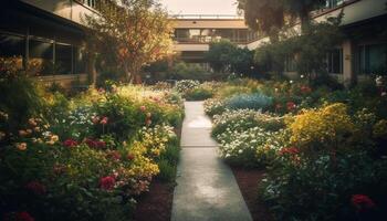 tranquilo escena de un formal jardín a oscuridad, No personas generado por ai foto