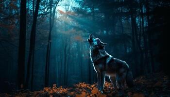 gris lobo sentado en tranquilo otoño bosque, clamoroso a noche generado por ai foto