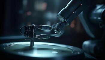 Robotic arm turning steel part in futuristic manufacturing factory workshop generated by AI photo