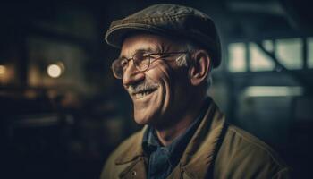 Happy senior man with gray hair and eyeglasses looking at camera generated by AI photo