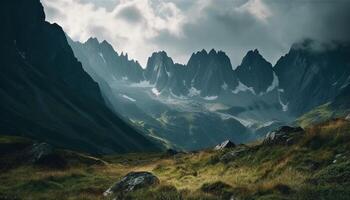 Tranquil meadow, majestic mountain peak, panoramic landscape, serene outdoors generated by AI photo