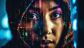 Futuristic young adult woman looking at camera, illuminated by glowing data generated by AI photo