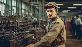 A young adult craftsman, confident and skilled, standing in workshop generated by AI photo