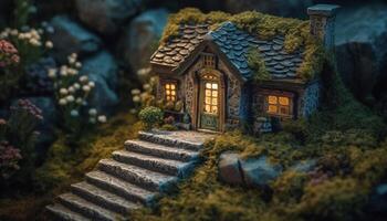 Rustic cottage with ornate window, built from ancient wood generated by AI photo