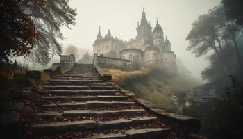 Medieval chapel on cliff, a spooky old ruin in nature generated by AI photo