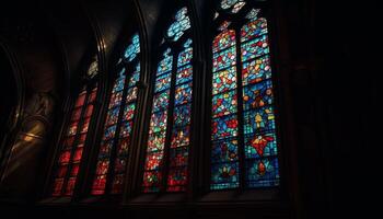 Orando dentro Colonia gótico abadía, admirativo manchado vaso ventana generado por ai foto