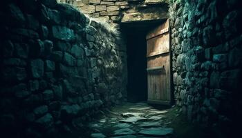 Ancient stone ruin with spooky cellar and damaged brick walls generated by AI photo