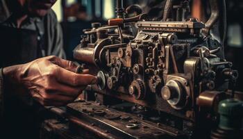 Caucasian male holding wrench, turning old fashioned lathe in metal workshop generated by AI photo