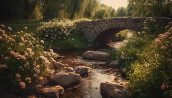 Tranquil scene of old ruin in non urban meadow at dusk generated by AI photo