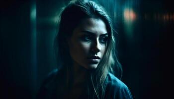 Beautiful young woman looking at camera with dark sensuality generated by AI photo