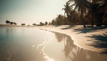 tranquilo puesta de sol a un tropical turista recurso por el aguas borde generado por ai foto