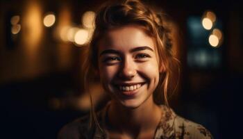 Young woman with brown hair smiling, looking at camera indoors generated by AI photo