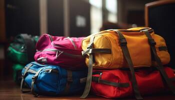 mochila y equipaje apilar en mesa, Listo para aventuras exploración generado por ai foto