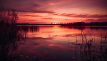 Tranquil sunset over water, nature beauty in vibrant colors generated by AI photo