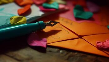 Vibrant colors on wood table inspire creativity and imagination generated by AI photo