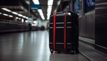 Luggage waiting on conveyor belt at airport baggage claim area generated by AI photo